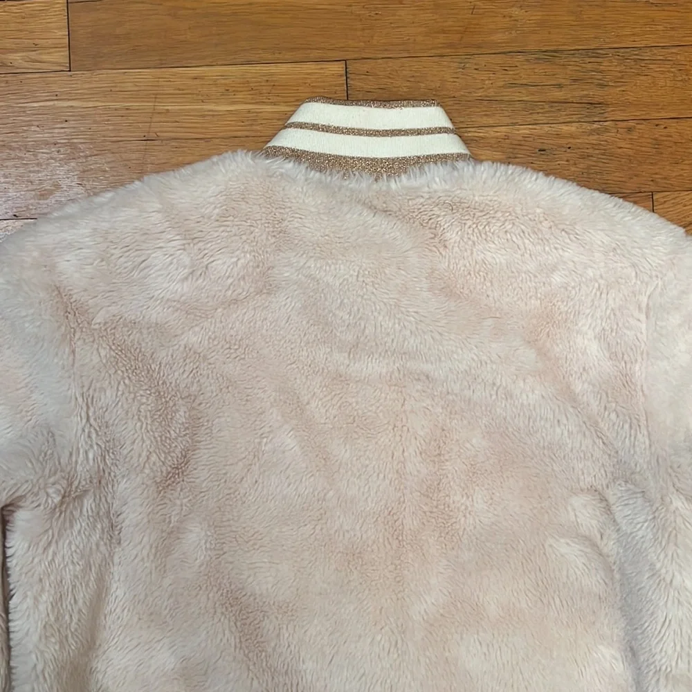 Beach Riot Baseball Stripe Faux Fur Bomber Jacket, size Large